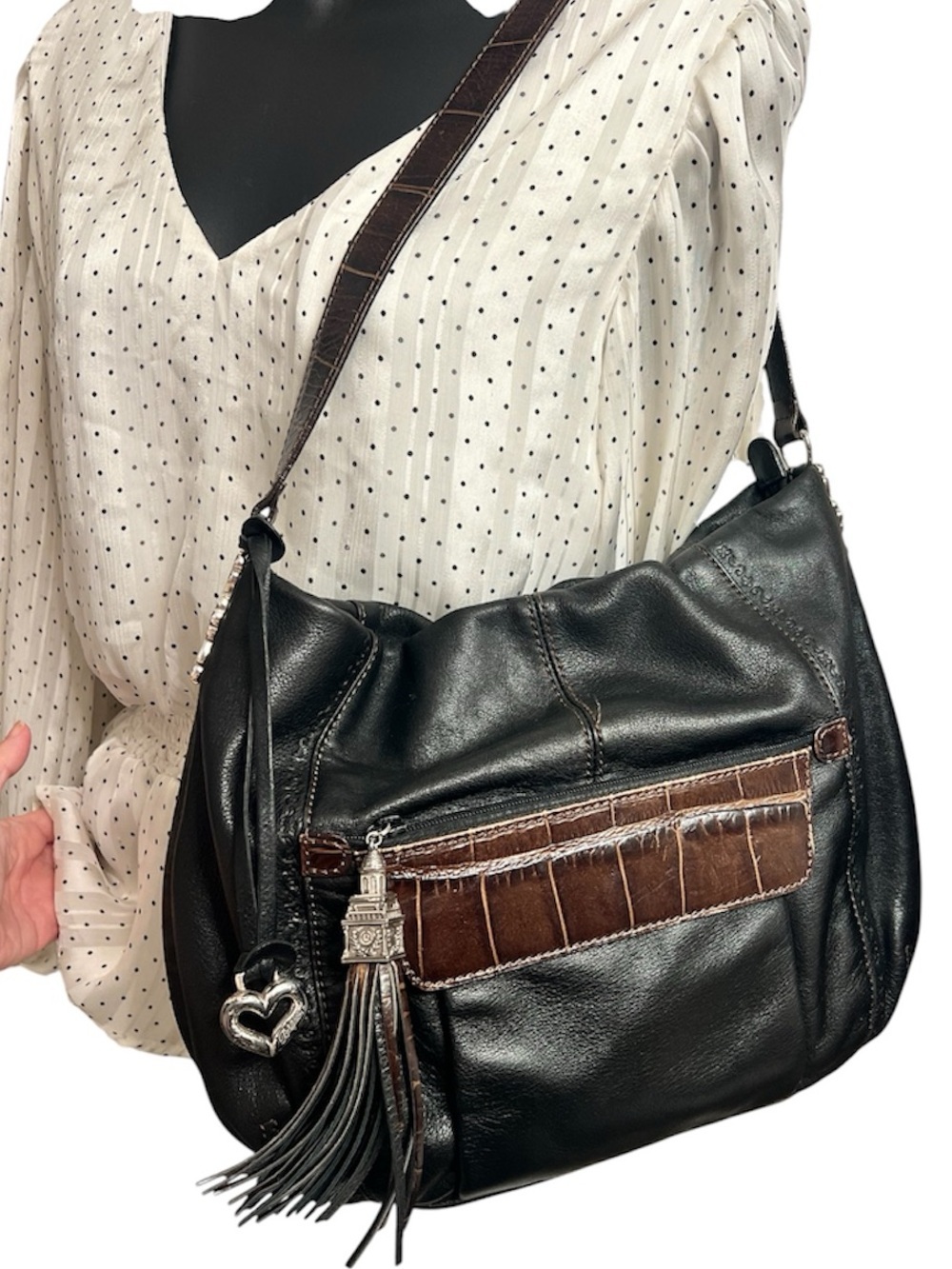 Brighton Vintage Leather Hobo Purse with Tassel and Charm Accent